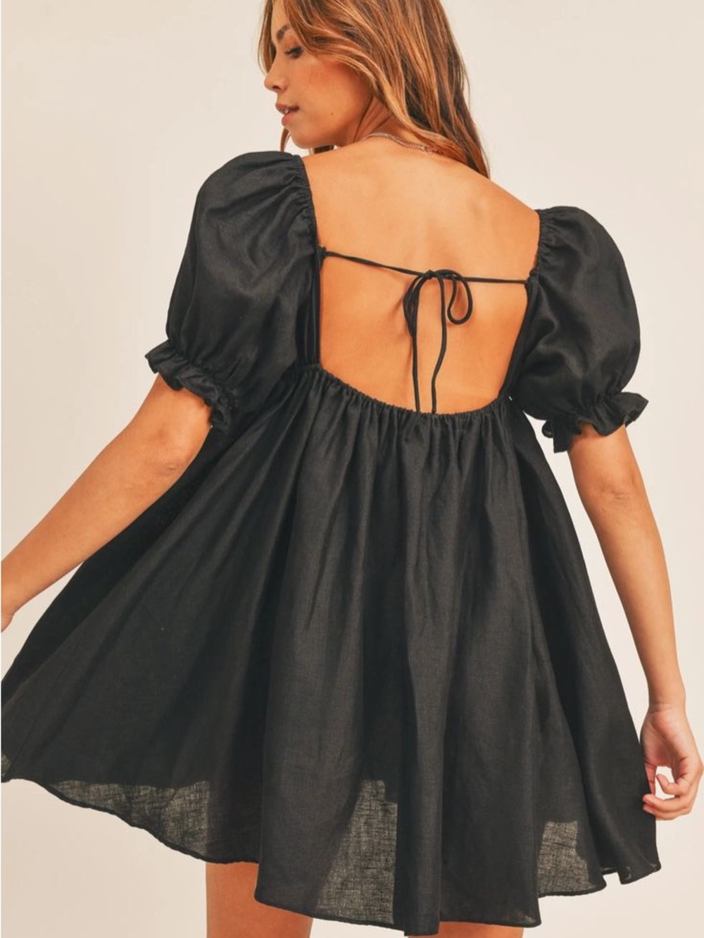 Black Smocked Puff Sleeve Open Back- Mini Dress